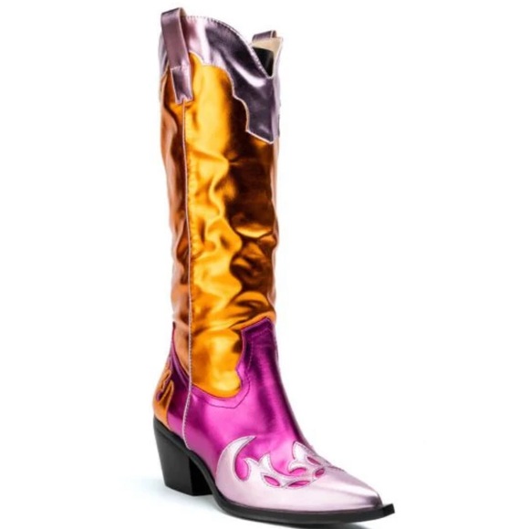 AZALEA WANG, Spice It Up, Multi colored Metallic, Chunky Cowboy Boots, NWT - Picture 9 of 13